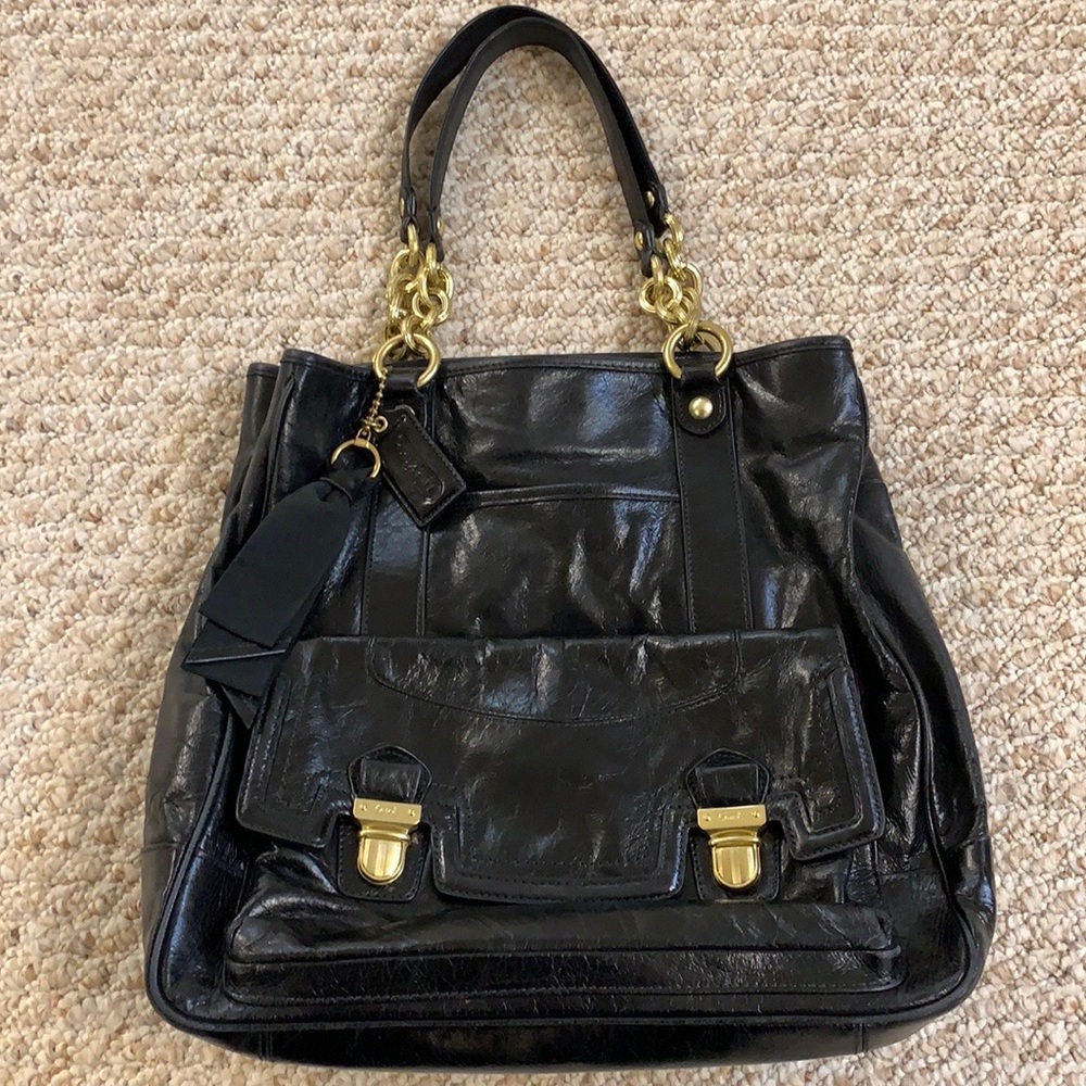Coach Poppy Camelia Black Leather N/S Tote Large